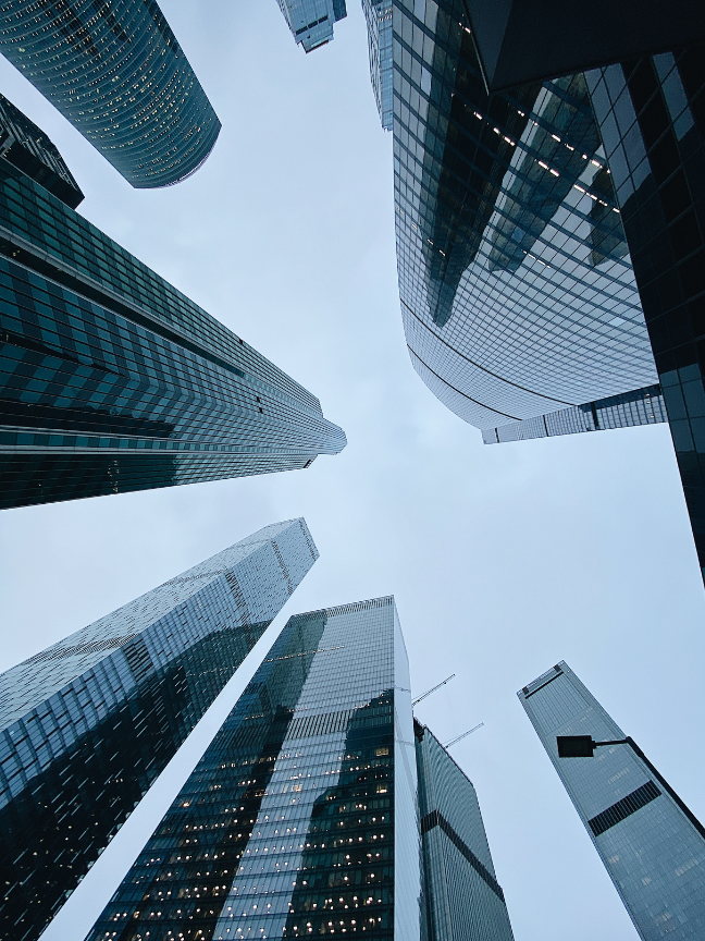 City view looking up seeing tall buildings